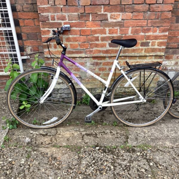 Purple and white Raleigh Pioneer ladies' bicycle in garden setting.