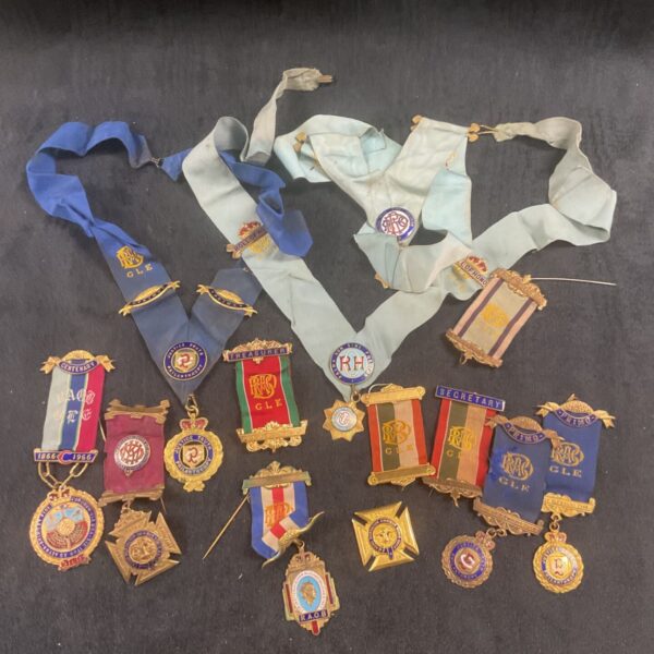 Vintage Royal Antedeluvian Order of Buffaloes regalia collection, colourful lodge jewels.