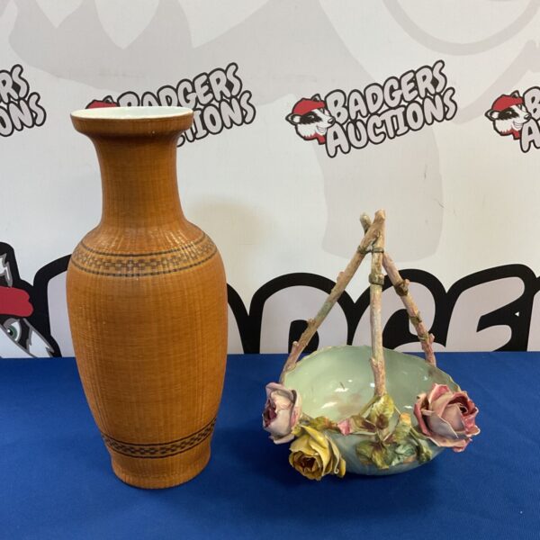 Rattan covered ceramic vase with a Victorian rose bowl.