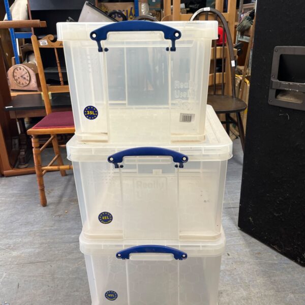 Lot of three clear Really Useful storage boxes.