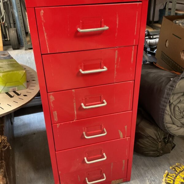 Red machinist tool case with six drawers for small parts storage.