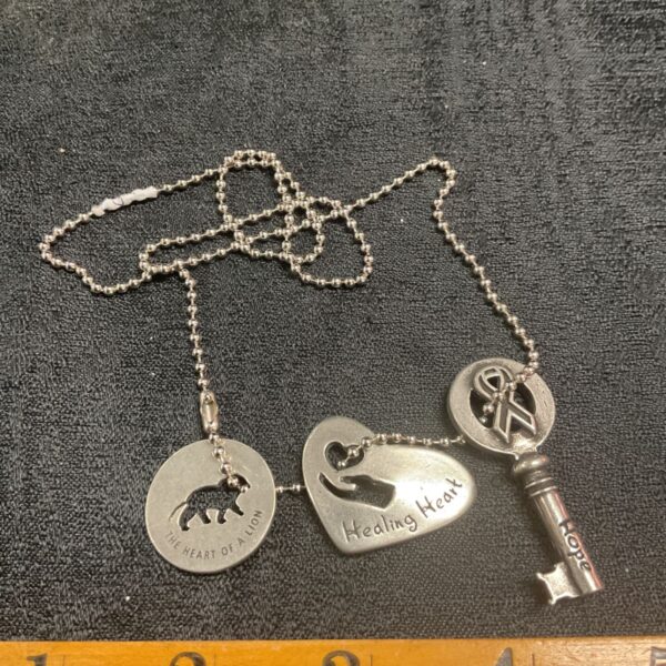 Vintage religious pendant necklace with lion detail.