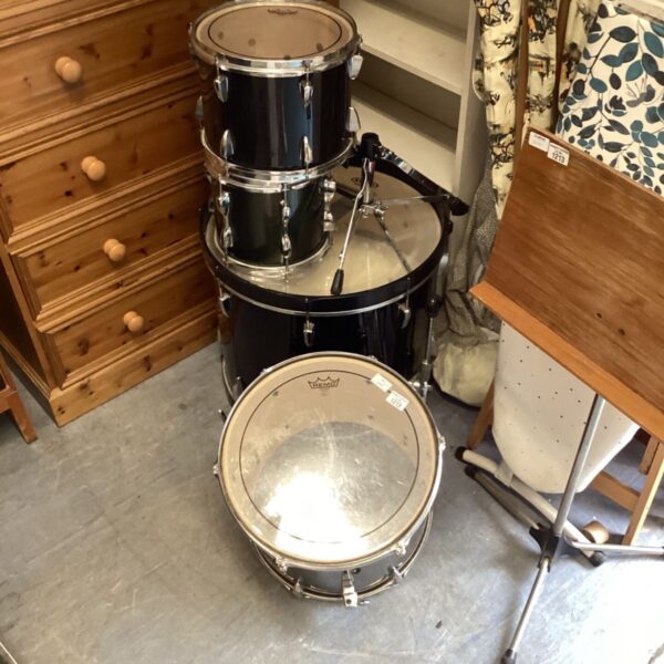 Used Remo and Evans drum kit parts including shells and stand.