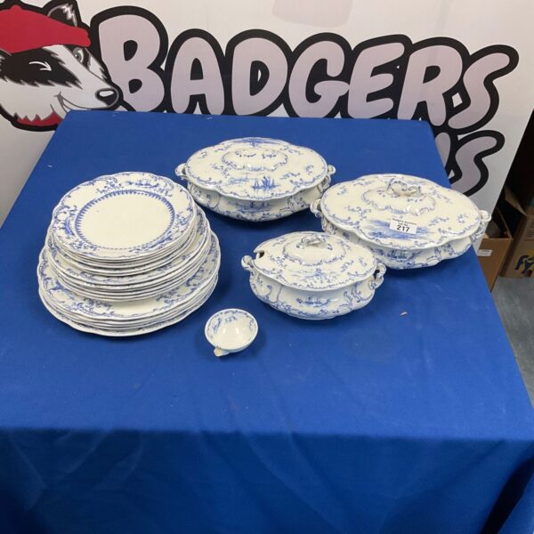 Antique Ridgeways porcelain collection with blue and white transferware design.