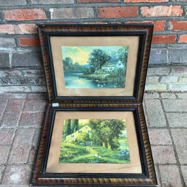 Vintage Robert Atkinson Fox framed prints of picturesque cottages.