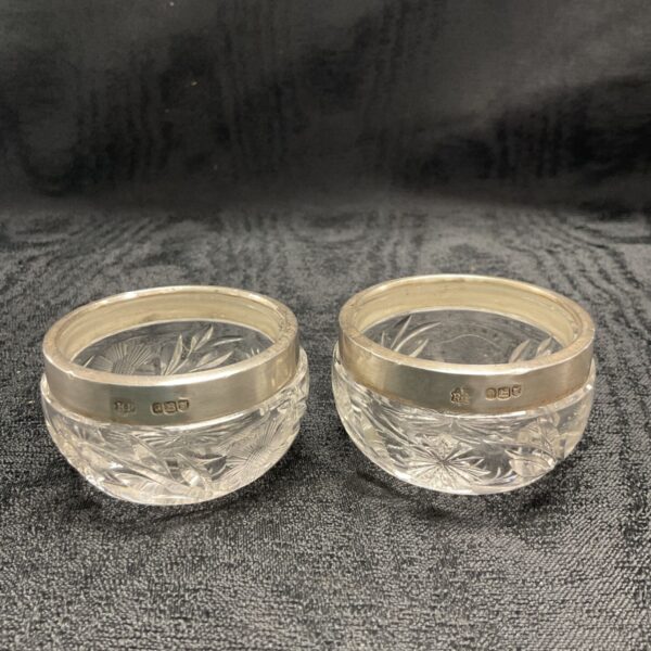 Antique sterling silver rimmed salts by Robert Pringle & Sons, London 1923.