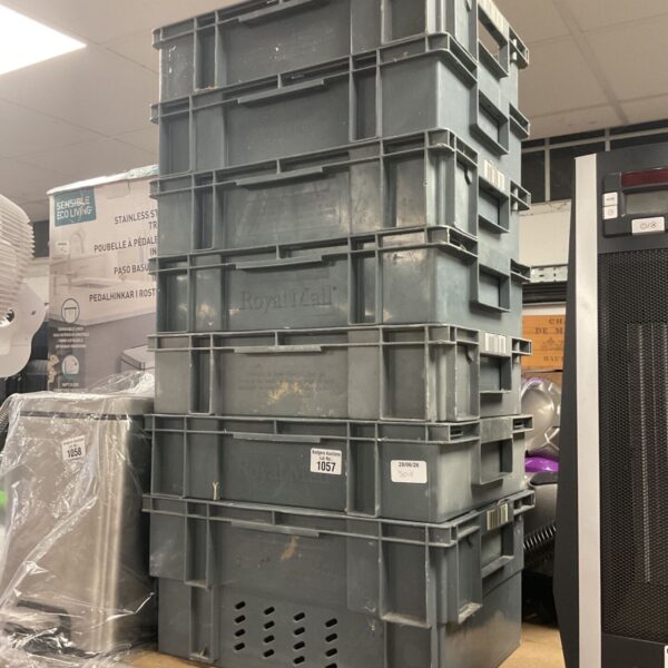Stack of seven Royal Mail crates for storage and transport.