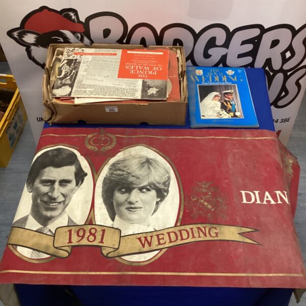 Vintage 1981 royal wedding banner and memorabilia collection.