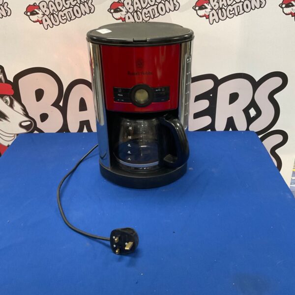 Black Russell Hobbs coffee maker with glass carafe.