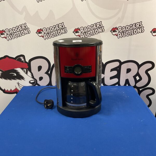 Black Russell Hobbs Heritage coffee maker, vintage kitchen appliance.