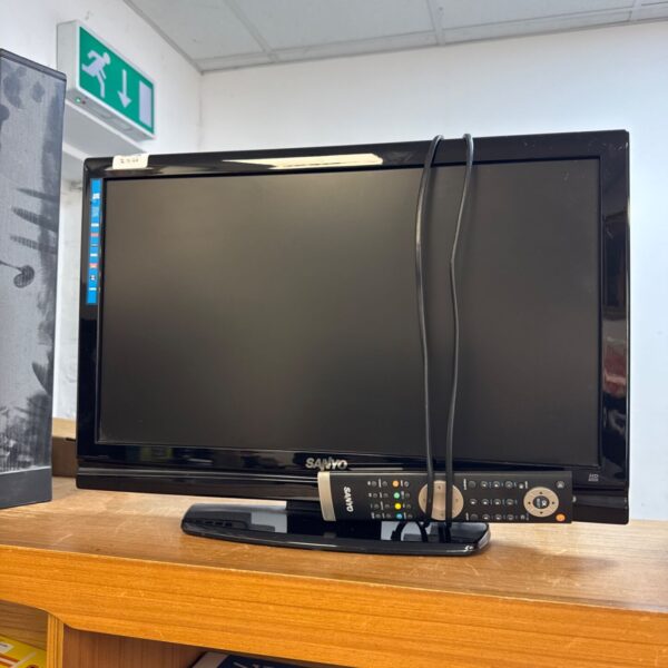 Sanyo 22 inch HD TV with remote control, front view.