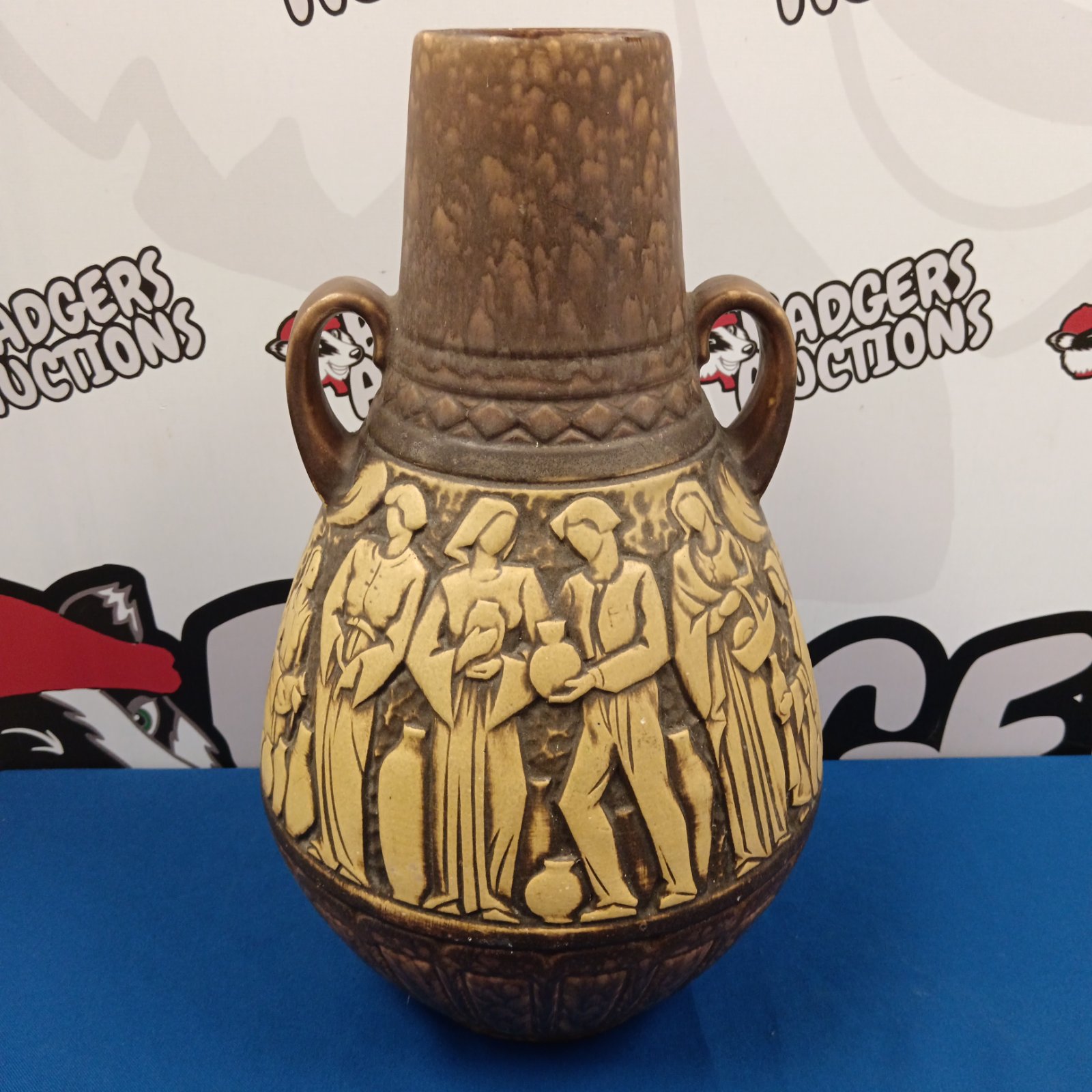 Vintage Scheurich West German pottery vase with market scene.