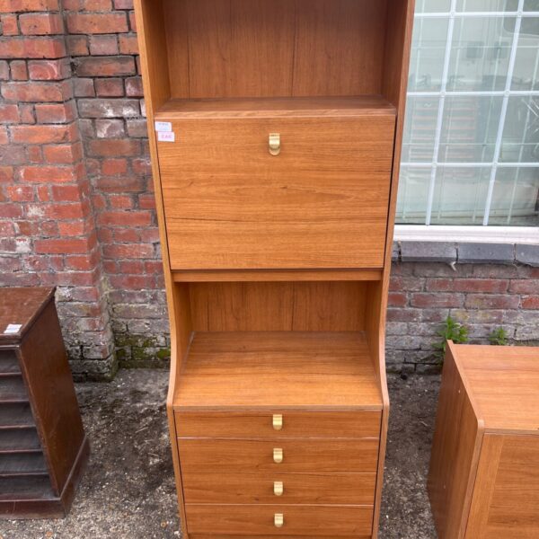 Vintage Schreiber teak wall unit with cupboards and shelving.