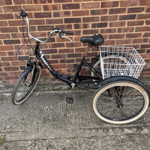 Black Scout adult tricycle with a large rear basket.