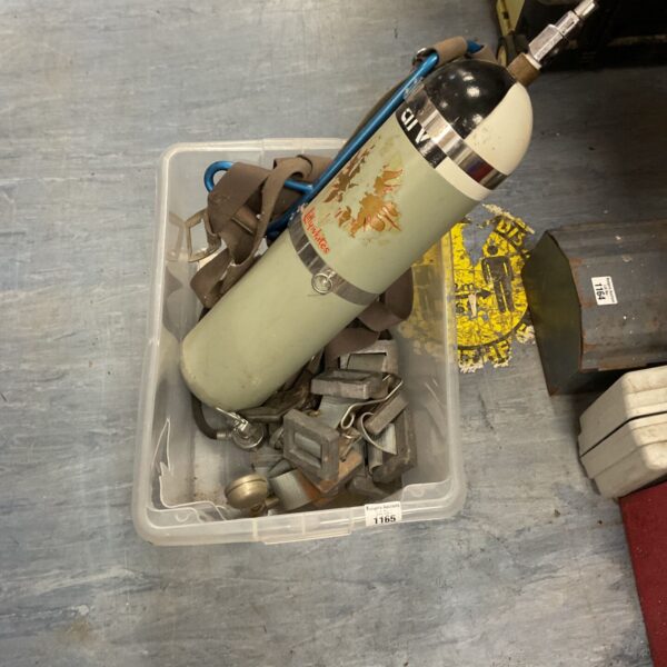 Vintage Lillywhites scuba diving cylinder with metal fittings.