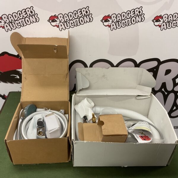 Shower head and plumbing kit in original packaging.