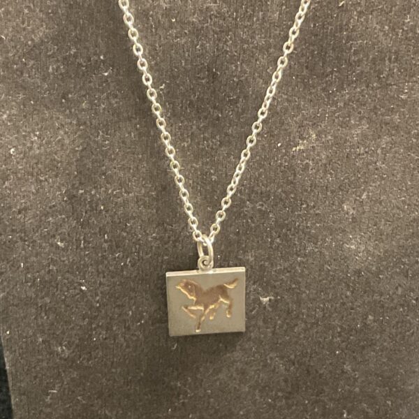 Close-up of silver horse pendant necklace on a chain.