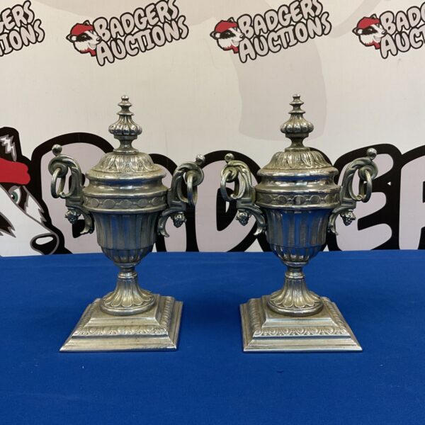 Antique silver plated urn garniture pair, Victorian style decoration.