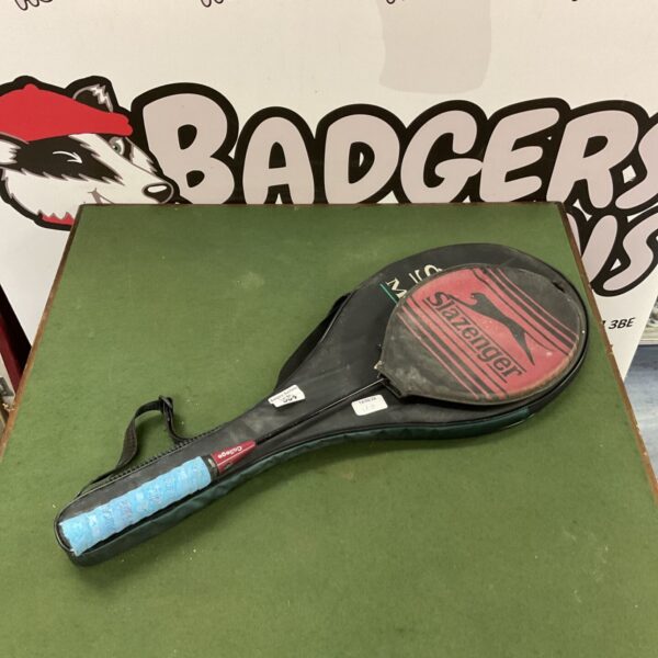 Vintage Slazenger badminton racket with wooden frame and grip.