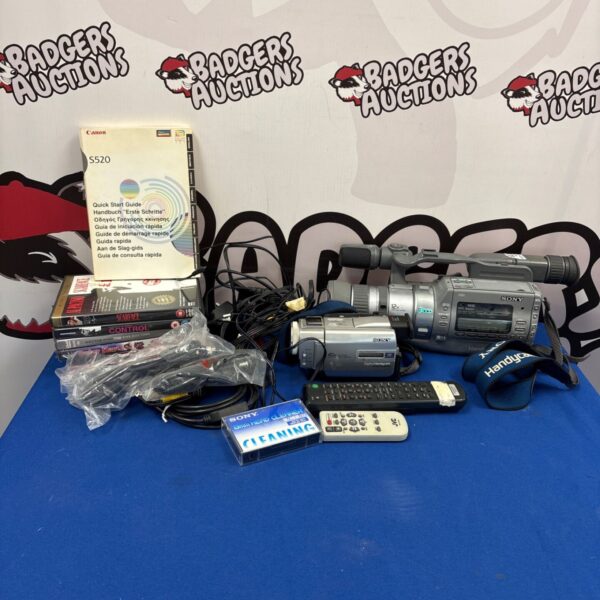 Vintage Sony Hi8 camcorder DCR-TVR11E with accessories for collectors.