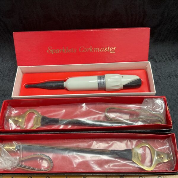 Vintage Sparklet Corkmaster with riding crop handle, antique bottle opener.