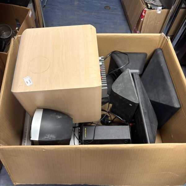 Box of assorted speakers and subwoofer including Eltax, Mordaunt Short, and Mission brands.