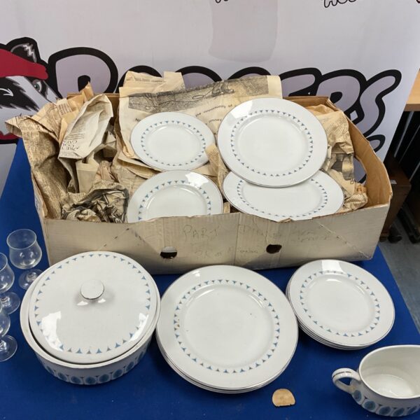 Vintage Staffordshire ironstone plates, dishes and sherry glasses in a box.