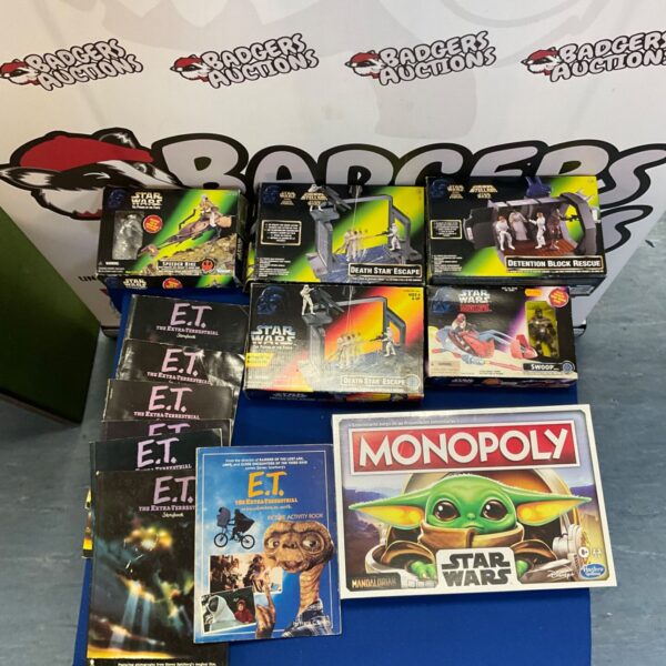 Vintage Star Wars playsets, Mandalorian Monopoly, and E.T. books lot for collectors.