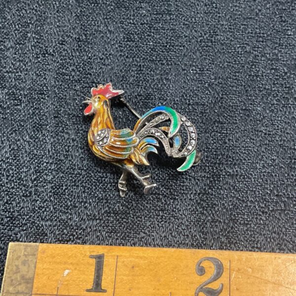 Vintage sterling silver cockerel brooch with enamel and marquasite details.