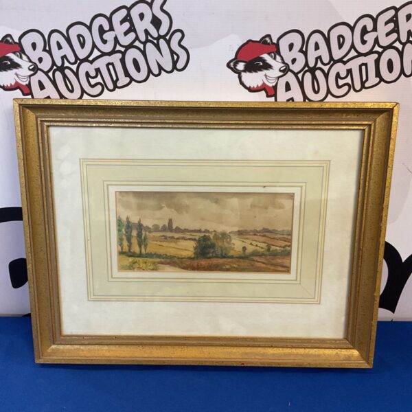 Gilt framed watercolour painting of the Stour Valley landscape.