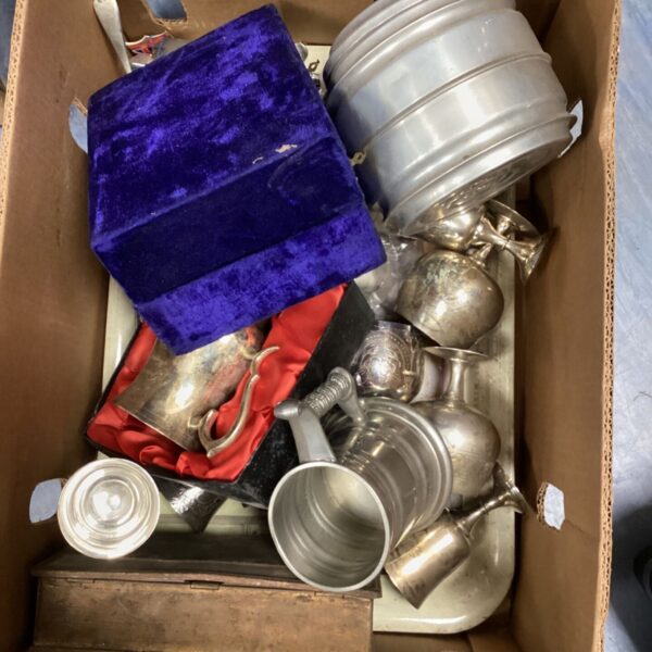 Vintage tankards in a box, collectible pewter pubware.