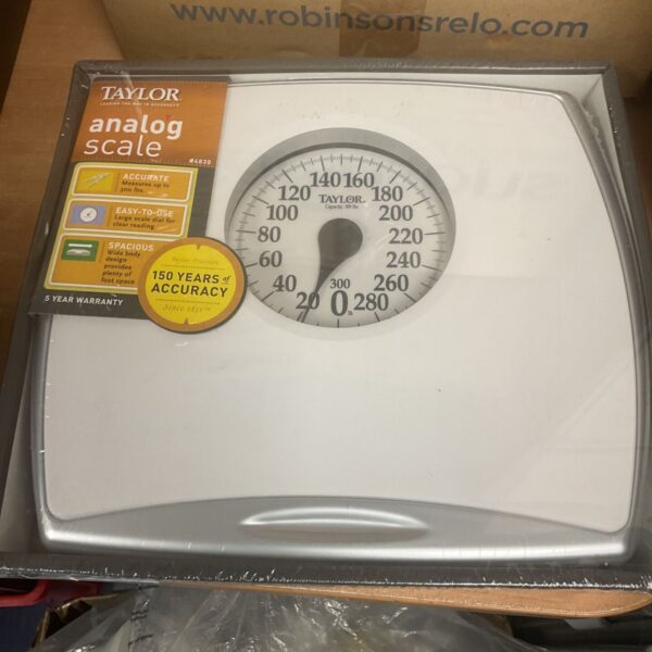 Vintage Taylor bathroom scales in sealed packaging, model 8430.