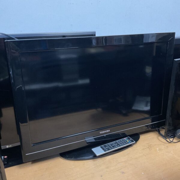 Toshiba 32 inch HD television with remote control displayed.