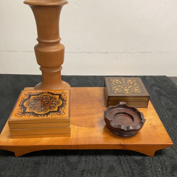 Antique treen collection featuring a wooden tray and Sorrento box.