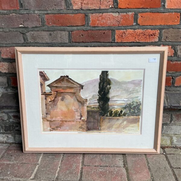 Framed watercolour painting of a Tuscan vineyard in Italy.