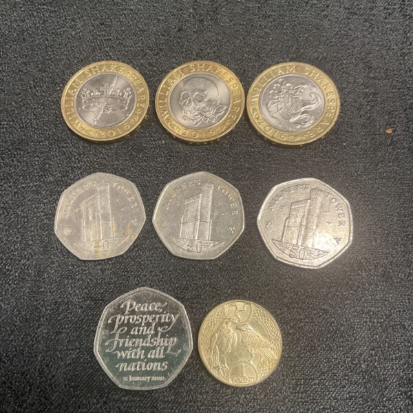 UK coin collection featuring Shakespeare £2 coins and Isle of Man 50p coins.