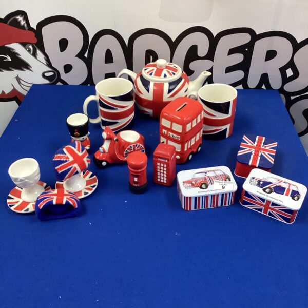 Union Jack memorabilia collection featuring a teapot and London bus.