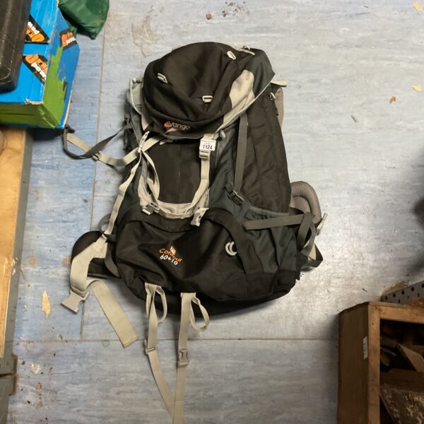 Front view of a used Vango Sherpa 65L hiking backpack.