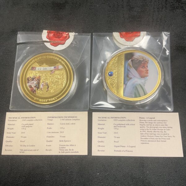 VE Day 70mm commemorative coin in protective capsule.