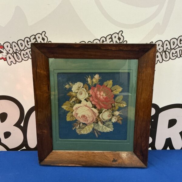 Victorian flower embroidery with a detailed steel thread still life.