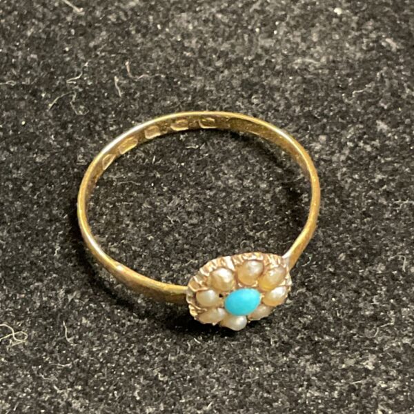 Antique Victorian ring with seed pearls and turquoise stone.