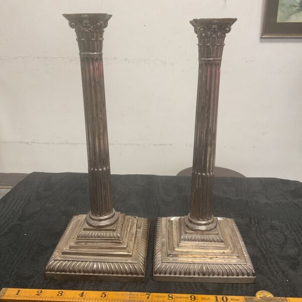 Antique Victorian silver candlesticks, Corinthian column design, London 1888 hallmarks.