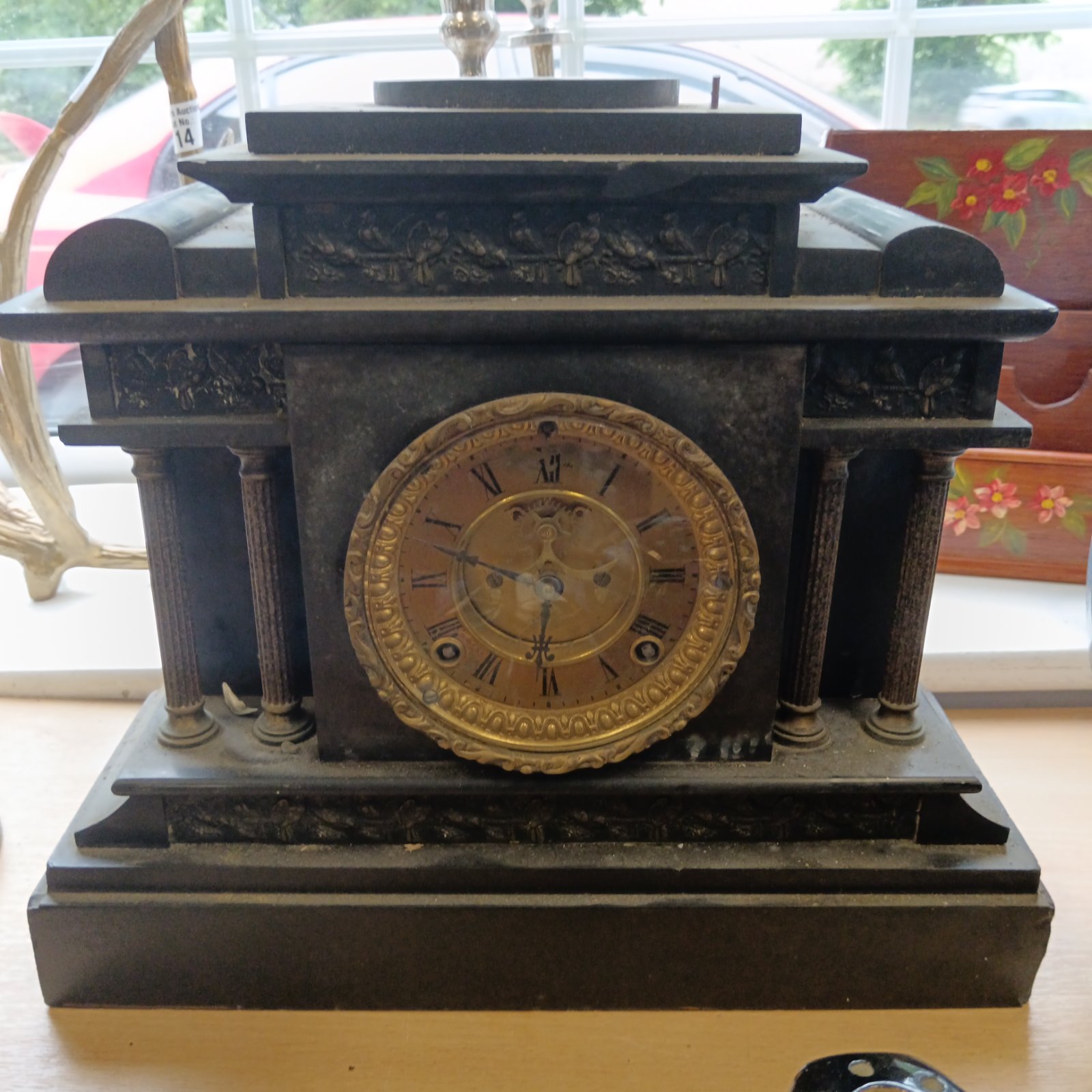 Victorian slate mantle clock for restoration, antique timepiece.