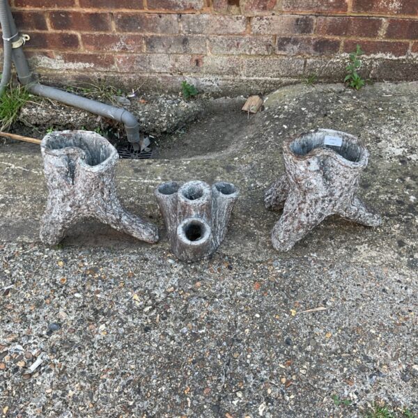 Antique Victorian tree stump planters, salt-glazed earthenware garden decor.