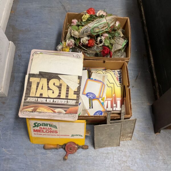 Mixed lot of vintage advertising signs and house clearance items.