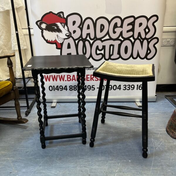 Vintage barley twist side table and stool with caned seat.