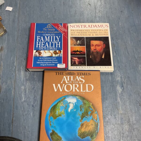 Vintage book lot featuring British Medical Association, Nostradamus, and Times Atlas.
