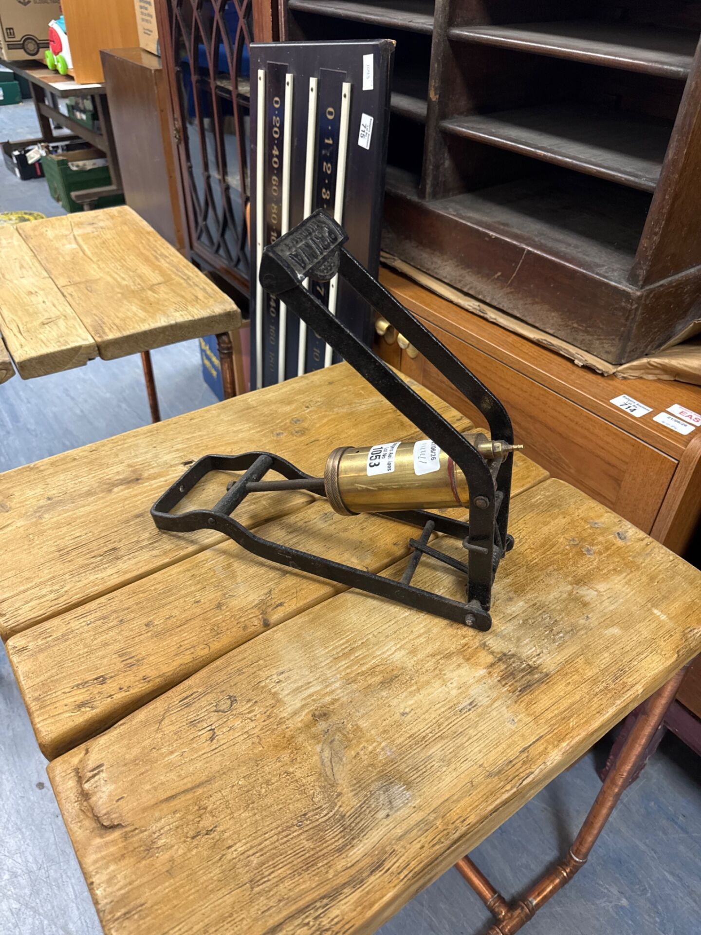 1053 Vintage brass prima single barrel foot pump – needs hose attachment