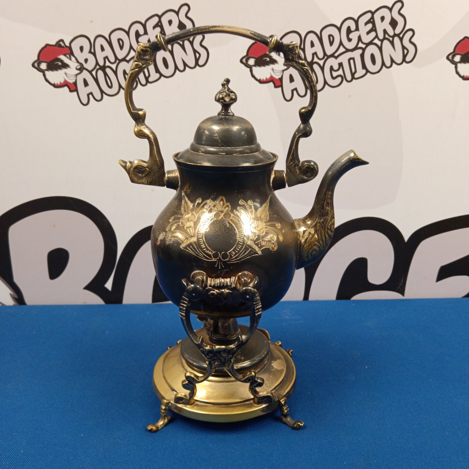 Ornate vintage brass spirit kettle with burner.