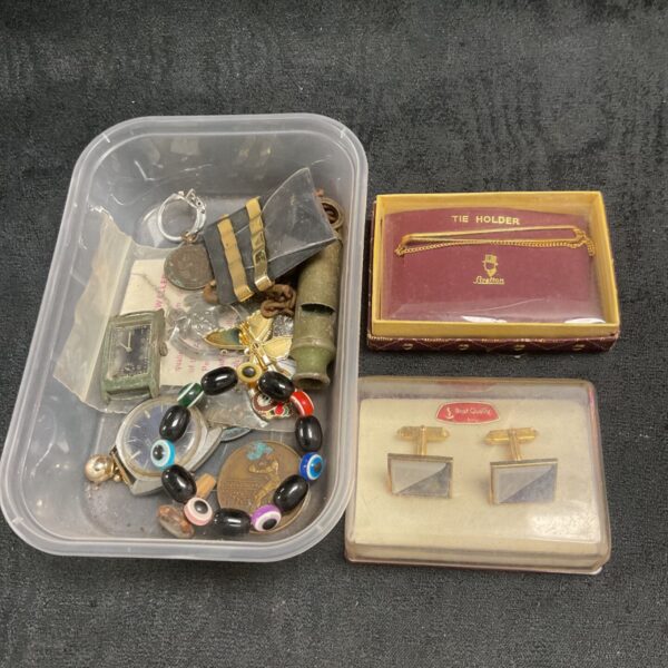 Vintage button and trinket lot with a city whistle, antique collectables.